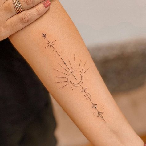 Fine line ornamental sun and moon tattoo on the inner Moon Sun Tattoo, Inner Forearm Tattoo, Sun And Moon Tattoo, Bauch Tattoos, Boho Tattoos, Unalome Tattoo, Spine Tattoos For Women, Sun Tattoos, Forearm Tattoo Women