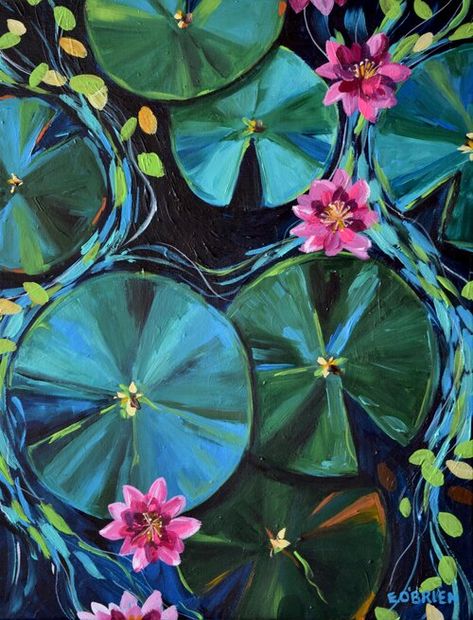 Originals By Elizabeth — Elizabeth O'Brien Art Flowers On Water Painting, Lily Pad Flower Painting, Lilypad Painting Acrylic, 3 Piece Framed Wall Art, Pond With Lily Pads Drawing, Lily Pond Painting Easy, Lily Pad Acrylic Painting, Easy Lily Pad Painting, Pond With Lily Pads Painting