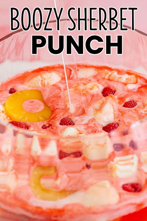 Perfect for any occasion, Boozy Sherbet Punch is the sweet, fruity kick your party needs! This festive punch is a huge hit with everyone! #BreadBoozeBacon #sherbet #punch #strawberry #pineapple #prosecco #drink #cocktail #party #bridalshower #wedding #newyearseve Champagne Sherbet Punch, Boozy Sherbet Punch, Spiked Sherbet Punch, Sherbert Punch Alcoholic, Spiked Punch Recipes, Strawberry Champagne Punch, Sorbet Punch, Boozy Punch, Ice Cream Punch