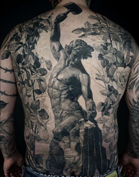 Back Greek Tattoo, Atlas Back Tattoo, Man Sculpting Himself Tattoo, Greek Mythology Tattoos Full Back, Self Made Man Tattoo, Self Made Statue Tattoo, Sleeve Greek Mythology, Greek Philosophy Tattoo, Greek Back Piece Tattoo