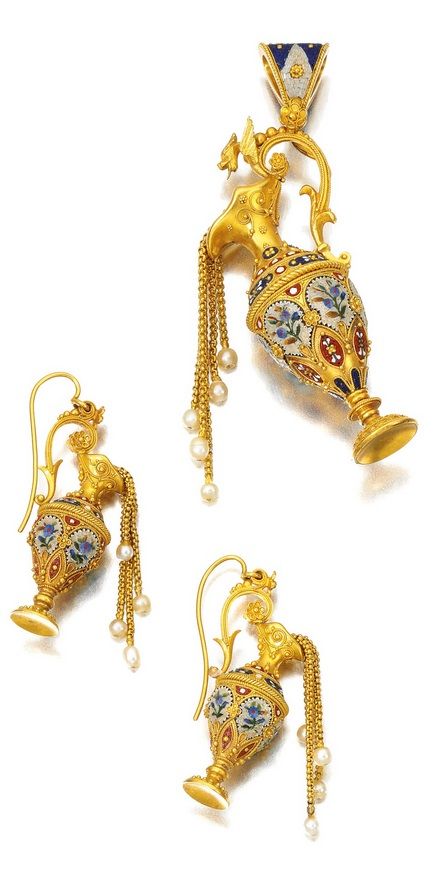 An antique gold, seed pearl and micromosaic demi-parure, 1870s. Comprising: a pendant and pair of pendent earrings, each designed as amphorae decorated with micromosaic floral motifs, with fine chains terminating in seed pearls, earrings with post fittings. #antique #earrings #pendant Seed Necklace, Pearls Earrings, Georgian Era, Wedding Lanterns, Micro Mosaic, Pearl Cream, Moon Jewelry, Seed Pearl, Victorian Jewelry