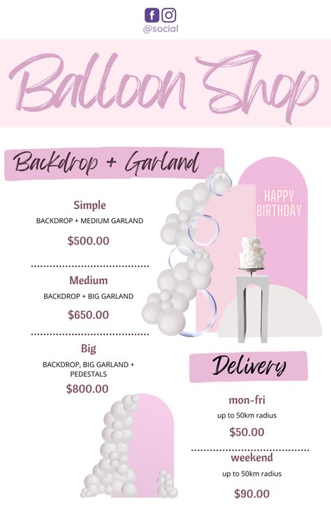 Transform Your Balloon Business with Our Editable Balloon Menu Templates! 🎈 Perfect for Balloon Artists. Bring your balloon decor vision to life and wow your clients with professional pricing and presentation. Download now and elevate your event styling business! #BalloonMenu #BalloonMockup #BalloonDecor #sweetcart #MarqueeLetters #Backdrops #EditableMenu #CanvaTemplates #BalloonArch #BalloonArtist #BalloonGarland #WeddingStyling #PartyDecor Event Decor Price List, Grab And Go Balloon Garland, Nikkah Decor, Ballon Decoration, Birthday Setup, Event Rental Business, Styling Business, Party Balloons Diy, Balloon Business