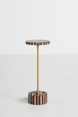 Optical Wood Inlay End Table | Anthropologie Unique End Tables, Pedestal Side Table, Marble End Tables, Natural Wood Texture, Homemade Cocktails, Wood Inlay, Bone Inlay, Cocktail Table, Brass Frame