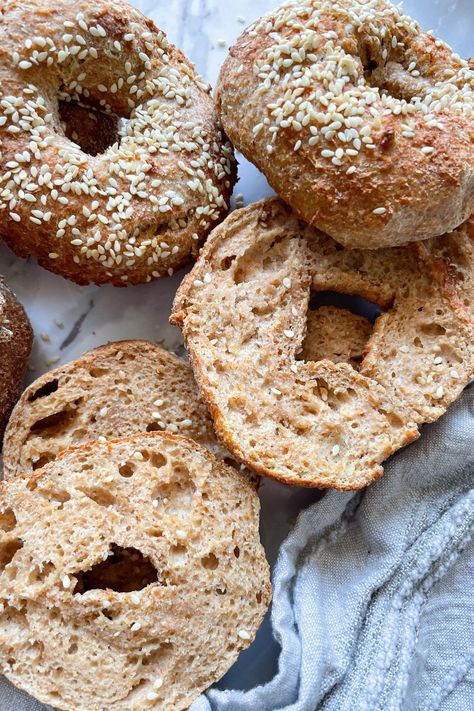 These Air Fryer Bagels are made with 7 healthy ingredients that you probably already have in your kitchen. These bagels are yeast free, fluffy, delicious and so easy to make! #airfryerbagels #healthybagels #yogurtbagels #yeastfreebagels Air Fryer Bagels, Whole Wheat Bagels, Greek Yogurt Eggs, Whole Wheat Bagel, Breakfast Bagel, Homemade Bagels, Pancakes Healthy, Healthy Ingredients, Air Fryer Recipes Healthy