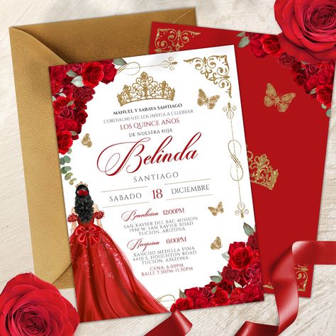 Elegant Red Rose Quinceanera, Luxe Red and Gold Butterfly Birthday Invite, Red & Gold Butterfly Floral Quinceañera Invitation Template V2 Invitations Quinceanera, Quinceañera Invitation, Gold Tiara, Invitation Floral, Butterfly Birthday, Quinceanera Invitations, Red Gowns, 15th Birthday, Colored Envelopes