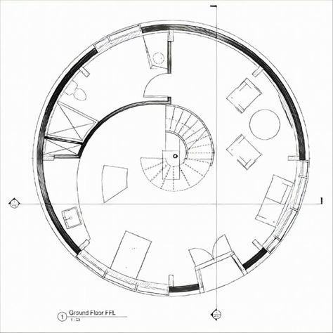 Ground floor plan of the Circle home. Circle is a home designed for climates remote from the equator. The insulated shell exterior encapsulates a series of curved glulam beams to form this Igloo inspired home. If this design concept inspires you, contact me for more details. #revit #architecture #design #homedesign #floorplan Circle Architecture, Glulam Beams, Architect Ideas, Circle Kitchen, Architect Portfolio, Round House Plans, Kerala Architecture, Circle House, Interior Floor Plan