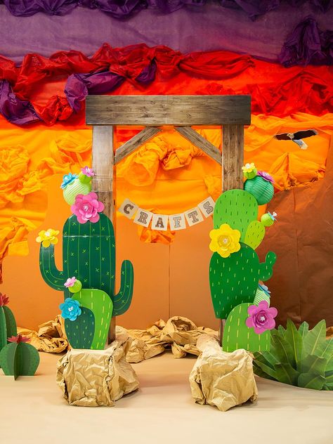 Southwest VBS Décor Ideas | Fun365 Desert Backdrop Diy, Desert Theme Decorations, South America Decorations, Mexico Decorations Party, Monumental Vbs Decorating Ideas, Diy Desert Decor, Southwest Party Decor, Desert Theme Party Decorations, Desert Vbs Decorations