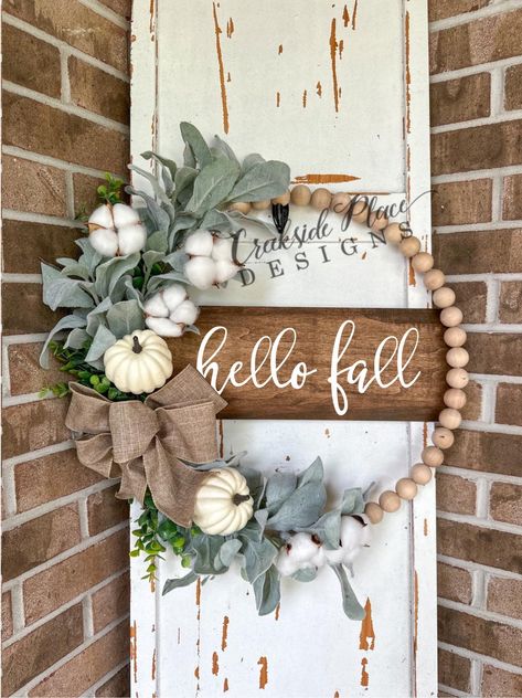 Fall Wood Bead Wreath | Creekside Place Designs Fall Wood Bead Wreath, Wooden Bead Wreath Ideas, Fall Beaded Wreath, Bead Wreath Ideas, Wood Bead Wreath Diy, Beaded Wreaths, Neutral Valentines Decor, Wooden Bead Wreath, Bead Wreaths