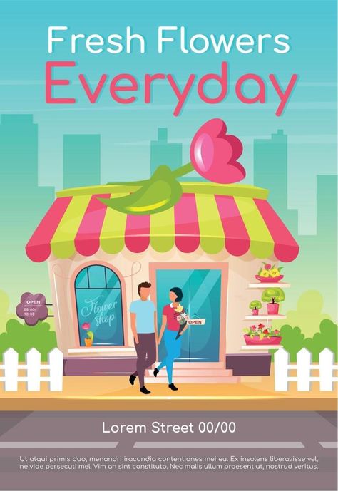 Fresh flowers everyday poster flat vector template. Buy romantic bouquet. Florist store front. Brochure, booklet one page concept design with cartoon characters. Flower shop flyer, leaflet Flower Shop Poster Design, Flower Shop Flyer, Free Paper Printables, Poster Flat, Romantic Bouquet, Florist Shop, Vector Template, Flat Vector, Store Front