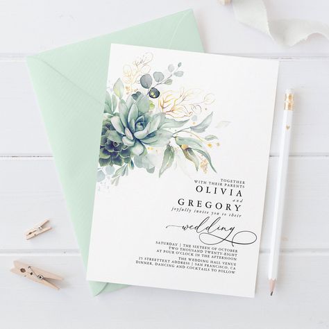 Eucalyptus Greenery Succulents and Gold Wedding Invitation Boho Greenery Wedding, Rose Gold Wedding Invitation, Succulents Wedding, Succulent Wedding Invitations, Elegant Engagement Party, Rose Gold Wedding Invitations, Gold Wedding Invitation, Foil Wedding Invitations, Wedding Invitations Romantic