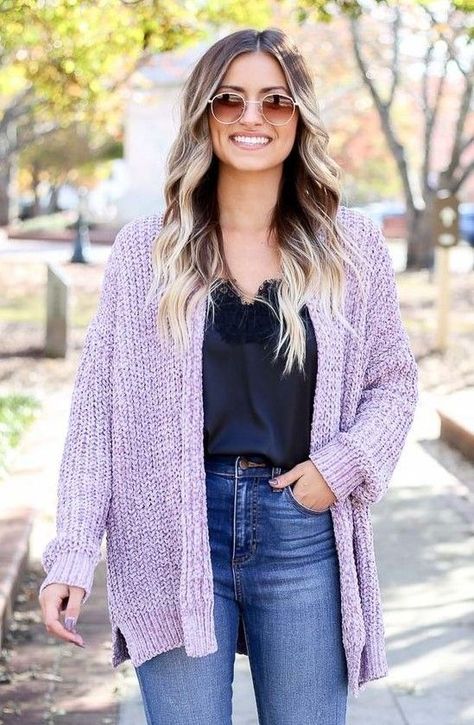 Here are 23 outfit ideas with purple cardigans to try out this fall. Although not of a typical fall color, purple cardigans are somewhat unique and worth trying this season. This includes purple cardigans With boots, purple cardigans with boots, purple cardigans with dresses, purple cardigans with skirts and purple cardigans with jeans. Lilac Cardigan Outfit, Purple Cardigan Outfits, Spring Jeans Outfit, Cardigan With Jeans, Lavender Cardigan, Lilac Cardigan, Chenille Cardigan, Jeans Outfit Spring, Spring Jeans