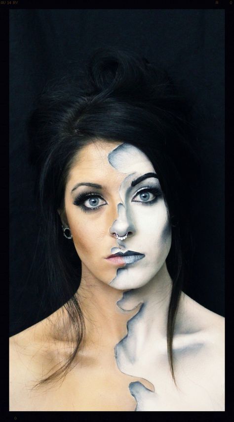 Color to gray scale makeup. Avante garde makeup. Halloween makeup Grey Scale Makeup, Grayscale Costume, Avante Garde Makeup, Art Brainstorm, Scale Makeup, Makeup Ideas For Halloween, Aries Art, Grey Scale, Gray Scale