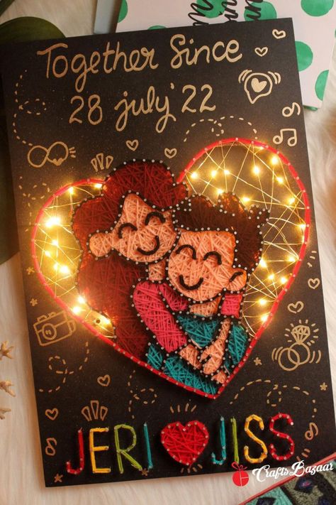 Illustration Couple String Art With Light | Cute Anniversary Gift Him/Her Handmade Gift For Couple, Handmade Gifts For Couples, String Art For Birthday Gift, Diy Anniversary Gifts For Couples, Anniversary Gift Ideas For Mom And Dad, Couple Art Ideas Diy Projects, Creative Wedding Gifts For The Couple, Parents Anniversary Gift Ideas, Diy Anniversary Gifts For Parents