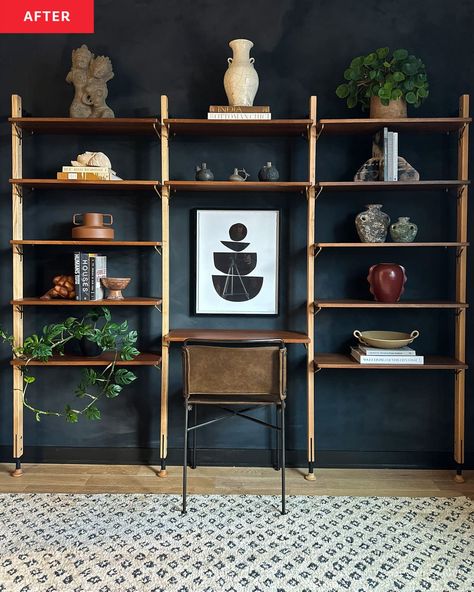 Dark painted wall in home office with built in shelving. Dark Accent Wall Bookshelves, Dark Green Shelves, Deep Green Bedrooms Shelf, Dark Academia Floating Shelves, Dark Office Wood Shelves, Moody Home Office, 1980s Kitchen, Ikea Lack Shelves, Limewash Walls