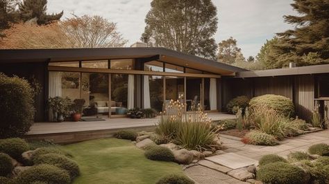 Types Of Mid Century Modern Homes, 21st Century Modern House, Ranch Style Mid Century Modern, Mis Century Modern House Exterior, Bungalow Mid Century Modern, Mid Century Modern Addition, Mid Century Modern Country Home, Mid Century Modern Exterior 2 Story, Black Mid Century House Exterior