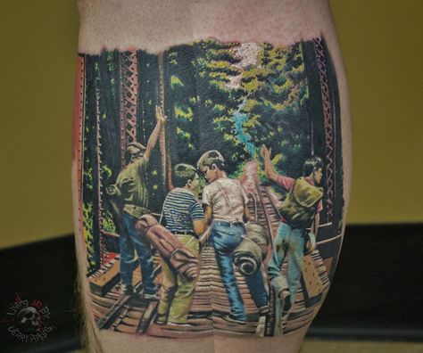 Stand by Me - Movie tattoo.  This classic was done by Jerry Pipkins : https://tattoocloud.com/jerrypipkins Stand By Me Tattoo, Stephen King Tattoos, Tattoo Artists Near Me, Me Tattoo, Movie Tattoo, Movie Tattoos, King Tattoos, Tattoo Portfolio, Inked Magazine