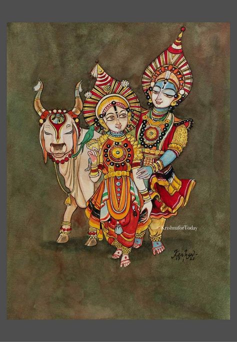 Andal Krishna (based on Srikrishnadevaraya’s composition on Andal, ‘Aamuktamalyada’, adapted in Yakshagana, a popular folk dance of Karnataka.) #krishnafortoday Tanjore Krishna Paintings, Radha Krishna Kalamkari Painting, Karnataka Folk Art Painting, Yakshagana Painting On Canvas, Folk Art Drawing Ideas, Karnataka Painting, Yakshagana Drawing, Yakshagana Painting, Krishna For Today