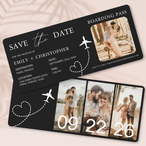 Destination Wedding Boarding Pass Plane Ticket Plane Ticket Save The Date, Ticket Save The Date, Paris Tower, Dream Destination Wedding, Plane Ticket, Unique Invitations, Paris Hotels, Save The Date Invitations, Travel Inspired