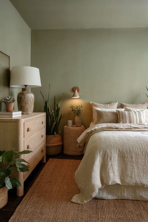 A cozy earthy bedroom featuring sage green walls, natural linens, and potted plants for a soothing, organic feel. Neutral Green Bedroom, Sage Green Bedroom Ideas, Earthy Bedroom Ideas, Earthy Minimalist, Green Bedroom Ideas, Earthy Design, Natural Vibes, Earthy Decor, Neutral Green