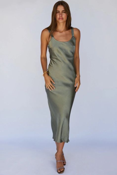 Scooped Neckline, Scoop Neck Dress, Khaki Dress, Satin Midi Dress, Prom Dresses Short, Fabric Details, Midi Dress Bodycon, Designer Outfits Woman, Wearing Dress