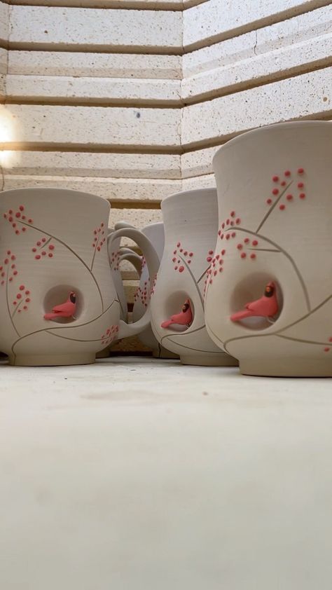 apcuriosities on Instagram: Making good progress on the pre-orders! The kiln is loaded with cardinal mugs and vases and the bisque is firing! I’ve made a few extras,… Ceramic Mug Carving, Carving Pottery Mugs, Christmas Ceramics Pottery Mugs, Bisque Pottery Painting, Ceramic Cardinal, Pottery Crafts, Ceramics Ideas Pottery, Pottery Mugs, Made Goods