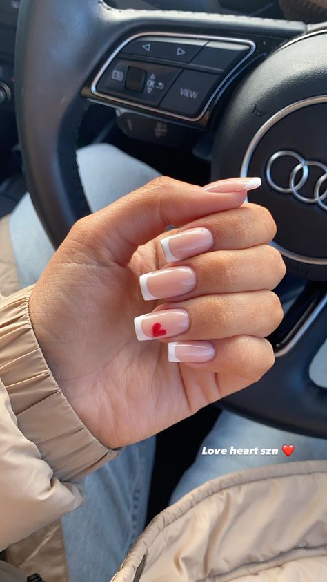 Mail Art For Square Nails, White French Red Heart Nails, White Tips With Hearts Nails, White French Too With Hearts, White French Tip With Red Heart Nails, French Tip Acrylic Nails With Red Heart, White Tip Red Heart Nails, Valentines French Nails Design, White Nd Red Nails