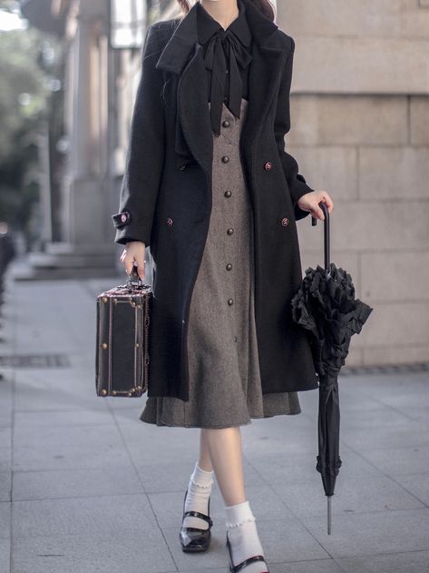 The price is for a coat only, the bowknot brooch is not included.  Garment Size   	 		 			Size 			S 			M 			L 		 		 			Shoulders 			39.5 			40.5 			41.5 		 		 			Bust 			92 			96 			100 		 		 			Sleeve Length 			55.5 			56.5 			57.5 		 		 			Waist 			74 			78 			82 		 		 			Full Length 			98 			99.5 			101 Mode Kawaii, Cute Coats, Woolen Coat, Coat Outfits, Character Outfits, Kawaii Fashion, Wool Coat, Stand Collar, Bow Tie