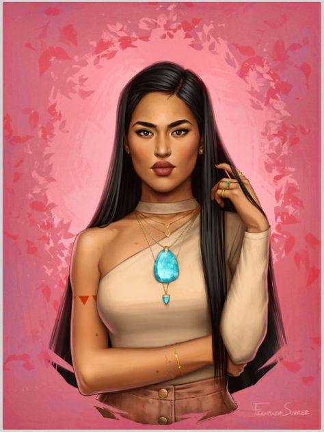 Modern Pocahontas - Fernanda Suarez Art Adventure Time, Pocahontas Disney, Modern Disney Characters, Punk Disney, Disney Princess Modern, Disney Pocahontas, Flynn Rider, Modern Princess, Modern Disney