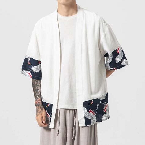 Crane Pattern Men's Cardigan Kimono Shirt Samurai Costume – IDREAMMART Japanese Sweater, Long Kimono Cardigan, Gilet Kimono, Japanese Jacket, Japanese Shirt, Kimono Shirt, Male Kimono, White Kimono, Cardigan Kimono