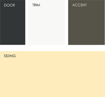 Roycroft Bronze Green, Yellow Siding, Yellow House Exterior, Exterior Color Palette, Interior Paint Colors Schemes, Bronze Green, Door Black, Exterior House Color, Siding Colors