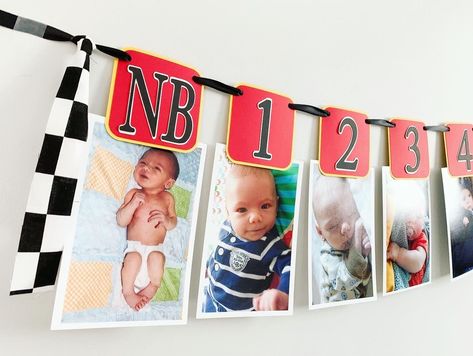 Car First Birthday Party, Car Birthday Party Decorations, Race Car First Birthday, Car First Birthday, Racing Birthday, Cars Birthday Party Decorations, Monthly Photo Banner, Car Birthday Party, Race Car Themes