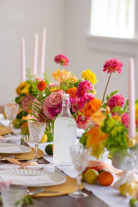 Party Decorations Flowers, Decorations Flowers, Citrus Wedding, Tafel Decor, Wedding Tablescape, Bridal Luncheon, Tablescape Ideas, Flowers Beautiful, Pink Candles