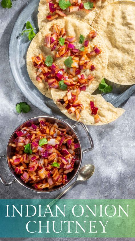 Indian onion chutney spread over poppadoms on a grey background. Indian Onion Chutney, Onion Chutney Recipe, Red Onion Chutney, Raw Onion, Cold Dip Recipes, Onion Chutney, Curry Night, School Recipes, Light Meals