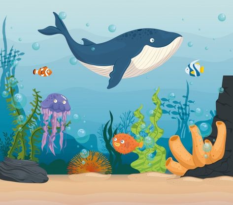 Animals In Ocean, Baby Zebra Drawing, Zebra Drawing, Blue Animals, Whale Drawing, Vintage Template, School Wall Art, Fish Vector, Cute Animal Illustration