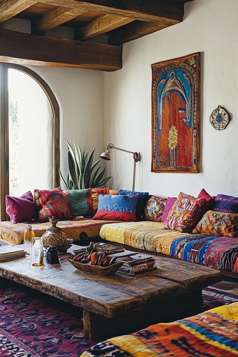 Colorful Boho Style Mediterranean Tv Room, Spanish Inspired Living Room, Colorful Mediterranean Interior, Mediterranean Aesthetic Interior, Moroccan Design Living Room, Inspire Room, Mediterranean Living Room Ideas, Bangkok House, Modern Mediterranean Living Room