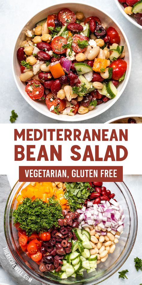 Mediterranean Bean Salad is a fresh and healthy side dish, made with 3 types of beans, a delicious vinaigrette, lots of vegetables and fresh herbs. It's perfect for meal prep, potlucks and as a side dish during grilling season. FOLLOW The Recipe Well for more great recipes! Mediterranean Three Bean Salad, Multi Day Meals, Mediterranean Diet Recipes Beans, Mediterranean Diet Recipes No Meat, Mediterranean Dense Bean Salad, Easy Mediterranean Salad Recipes, Dense Bean Salad Recipes Violet, Mediterranean Bean Recipes, Healthy Mediterranean Recipes Dinners