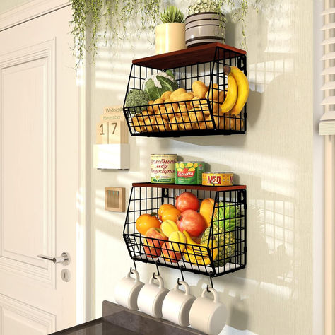 storage basket is easy to assemble, just fix the basket Onion Storage, Potato Storage, Vegetable Rack, Hanging Wire Basket, Kitchen Countertop Organization, Kitchen Counter Organization, Hanging Fruit Baskets, Snack Organizer, Kitchen Basket Storage