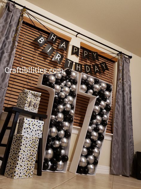 #17 birthday number frames filled with chrome and black balloons. Supply info and free #7 printable template. 17th Birthday Boy Ideas, Boys 17th Birthday Ideas, Birthday Decoration Ideas For Boys, Boys Birthday Decoration Ideas, 17th Birthday Ideas Boy, 18th Birthday Party Ideas For Boys Theme, Teen Boy Birthday Ideas, 17th Birthday Ideas For Boys, 17th Birthday Cake Boy