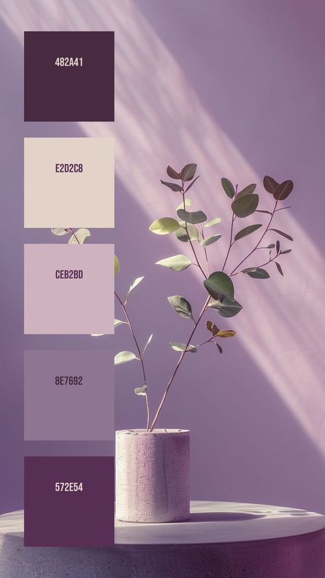 Colors: 482A41 ° E2D2C8 ° CEB2BD ° 8E7692 ° 572E54 Ethereal Lighting, Lavender Color Palette, Plant Arrangement, Calm Color Palette, Color Design Inspiration, Hex Color Palette, Purple Color Palettes, Color Palette Challenge, Paint Color Inspiration