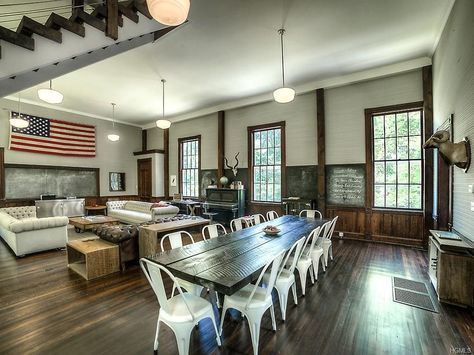 Converted Schoolhouse For Sale New York, hooked on houses Old School House, Communal Table, Wood Staircase, Country Style Kitchen, Old House Dreams, Bedroom Suite, Kitchen Styling, Country Kitchen, House Inspiration