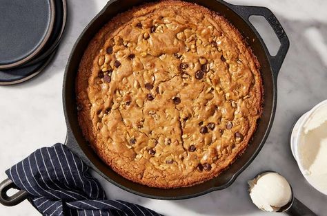 Chocolate Chip Skillet Cookie Recipe | King Arthur Baking: This skillet cookie is gooey, soft, and chewy. Bake it in a cast iron skillet while you’re eating dinner and have a sliceable, warm cookie to serve with vanilla ice cream for dessert. Cast Iron Cookie Recipe, Camper Recipes, Cast Iron Skillet Cookie, Substitute For Brown Sugar, King Arthur Recipes, Chocolate Chip Skillet Cookie, Skillet Cookie Recipe, Skillet Cookies, Skillet Desserts