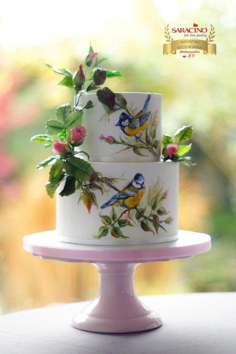 Birds by Katarzynka Ivy Wedding, Hand Painted Wedding Cake, Cake Painting, Painted Wedding Cake, Painted Cake, Pretty Cake, Hand Painted Cakes, Wedding Cake Photos, Spring Cake