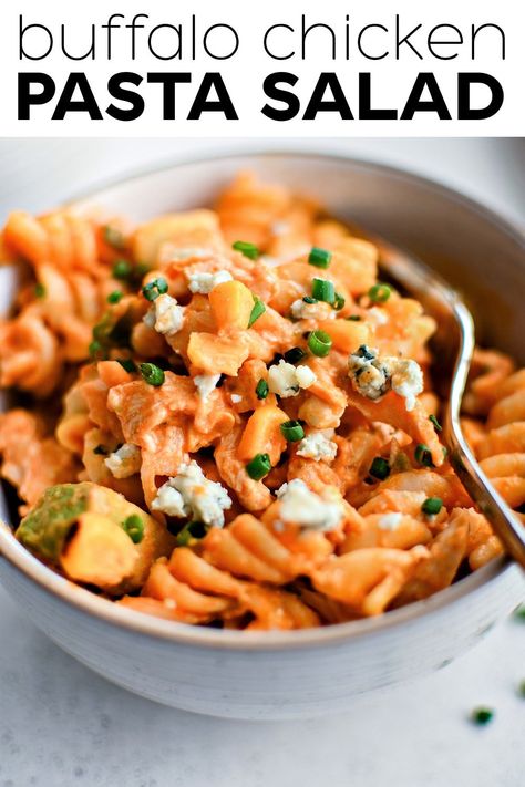 This cold and creamy Buffalo Chicken Pasta Salad combines crunchy corn, celery, tender pasta, shredded chicken, green onions, and creamy avocado in a creamy mayonnaise-based buffalo sauce. If you love the bold and delicious flavors of buffalo sauce, you’ll love this easy pasta salad. It’s the perfect lunch or summer side dish! Buffalo Pasta, Buffalo Chicken Pasta Salad, Chicken Pasta Salad Recipes, Ranch Sauce, Layered Salad Recipes, Easy Buffalo Chicken, Buffalo Chicken Pasta, Buffalo Chicken Salad, Ranch Pasta Salad