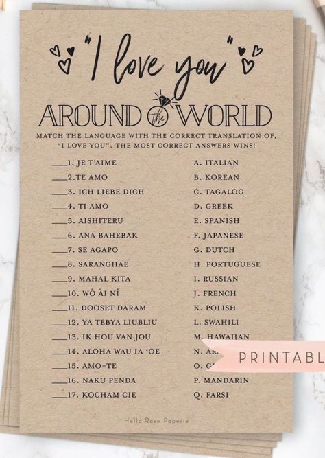 I Love You Around the World Language Game . Printable Bridal Wedding Shower . Bachelorette Hen Party . Rustic Kraft + Black White . Download Rustic Bridal Shower Games, Couples Disney, Disney Bridal Showers, Favors Ideas, Couples Bridal Shower, Bridal Shower Planning, Bridal Shower Printables, Wedding Shower Games, Bridal Shower Food