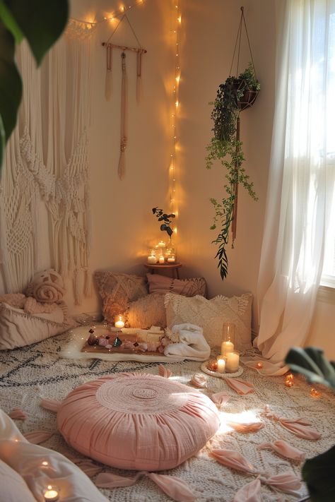 Effortless Chic: 11 Cozy and Elegant Spaces to Inspire You – Everyday Inspo Bohemian Meditation Room, Boho Meditation Space, Spa Bedroom Ideas, Bohemian Interior Design Bedroom, Chic Home Decor Ideas, Yoga Room Design, Zen Bedroom Ideas, Home Yoga Room, Meditation Room Decor