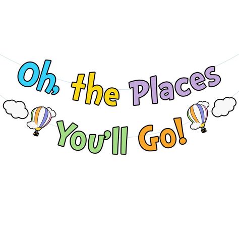 Oh The Places You'll Go Bulletin Board Free Printable, Oh The Places Youll Go Decorations, Kindergarten Graduation Decorations, Dr Seuss Party, Kindergarten Graduation Party, Stars Classroom, Seuss Party, Preschool Graduation, First Birthday Banners