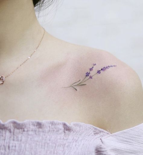 Collar Bone Tattoo Lavender, Collar Bone Tattoo For Women, Colourful Flower Tattoo, Colour Flower Tattoo, Dainty Collar Bone Tattoo, Collar Bone Tattoos For Women, Small Wrist Tattoo Ideas, Delicate Tattoos For Women, Colour Tattoo For Women