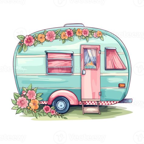 Super cute Spring Caravan, Summer Holiday Caravan Traveling Sticker, truck travel, Travel trailer illustration. Caravan Painting Ideas, Trailer Illustration, Caravan Illustration, Wooden Caravan, Cute Caravan, Caravan Art, Sublimation Pictures, Caravan Pictures, Image Cricut