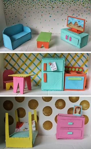 Cute ideas for cardboard furniture. I love the style and the colors. http://nomluna.blogspot.com/2013/09/finished-dollhouse.html Hide Furniture, Recycler Diy, Toy Furniture, Cardboard Dollhouse, Carton Diy, Diy Barbie House, Cardboard Toys, Doll Furniture Diy, Cardboard House