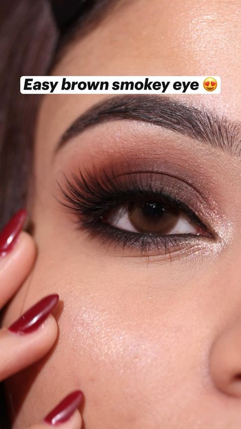 Smokey Eye Makeup For Brown Skin, Brown Dress Makeup Ideas, Brown Dress Eye Makeup, Smokey Eye Makeup For Dusky Skin, Bridal Eye Makeup For Brown Eyes, Eye Makeup For Red Lehenga, Maroon Makeup Tutorial, Eye Makeup For Brown Dress, Eyemakeup Creative Easy